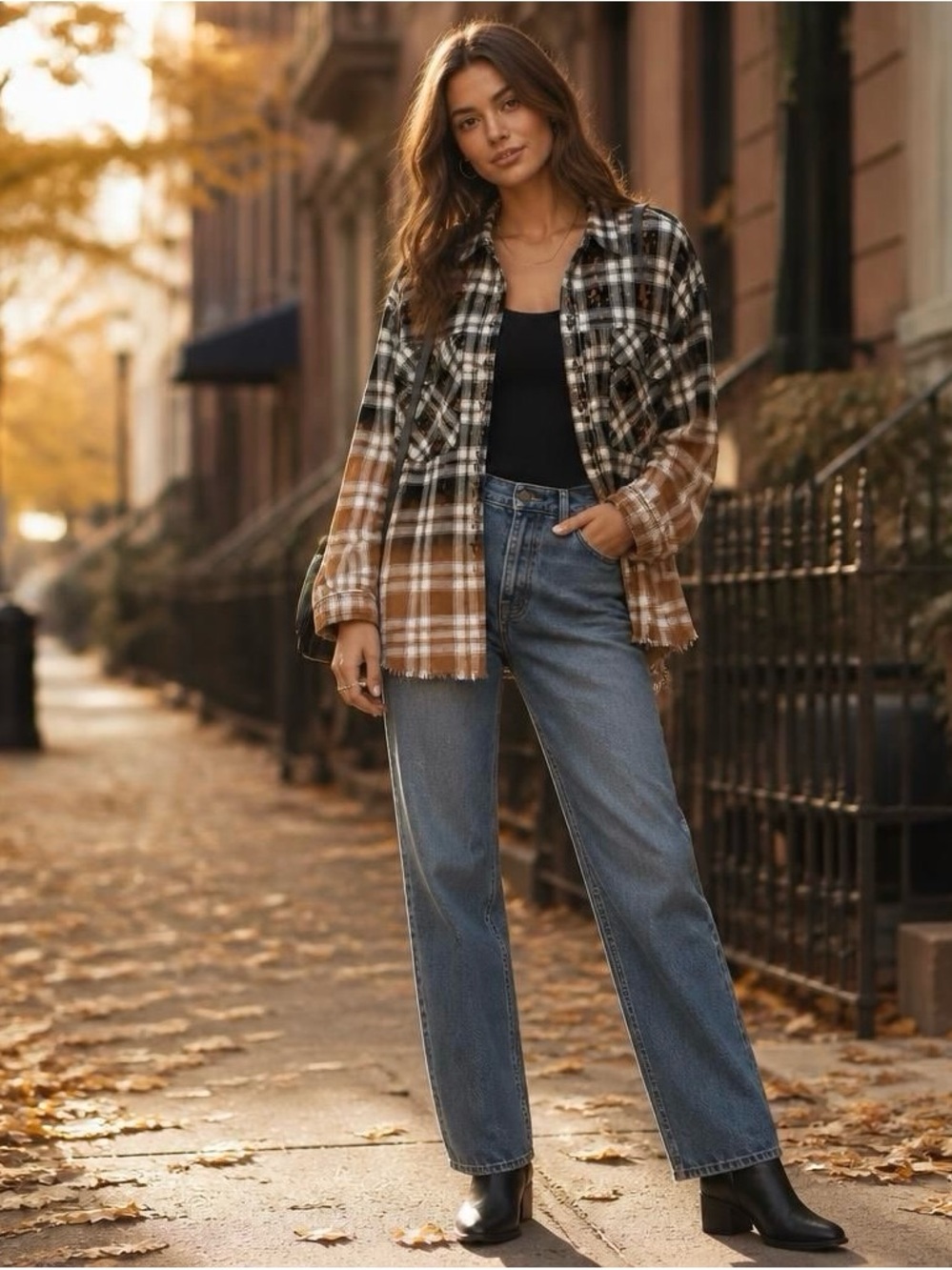 WILDFOX grunge Plaid Button Down Shirt Black & Brown Small